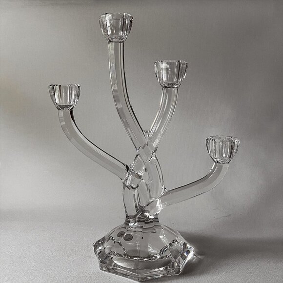 Vintage Full Lead Crystal 4-Arm Candle Holder MCM Minimalist Candelabra Germany - Picture 2 of 10